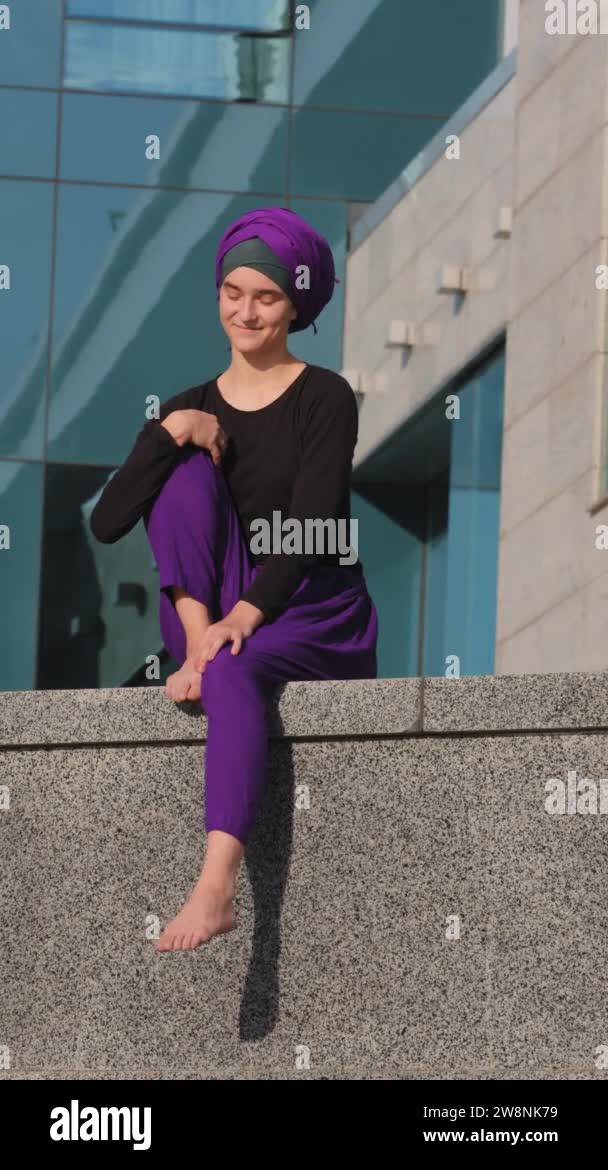 Vertical view cheerful happy carefree inspired young hijab girl islamic ...