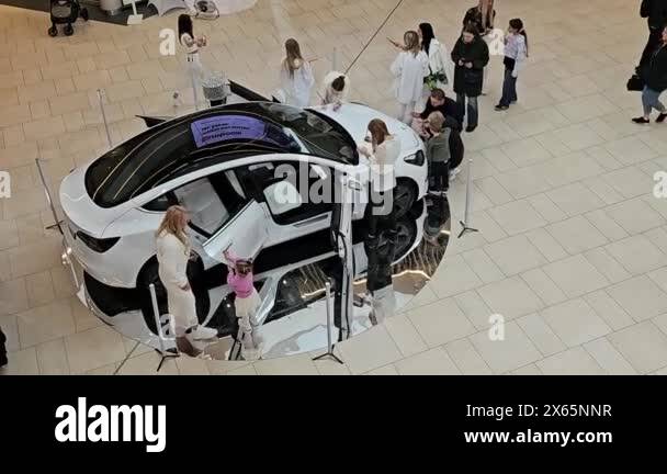 Riga,Latvia -20 april 2024: Tesla electric car displayed prominently in ...