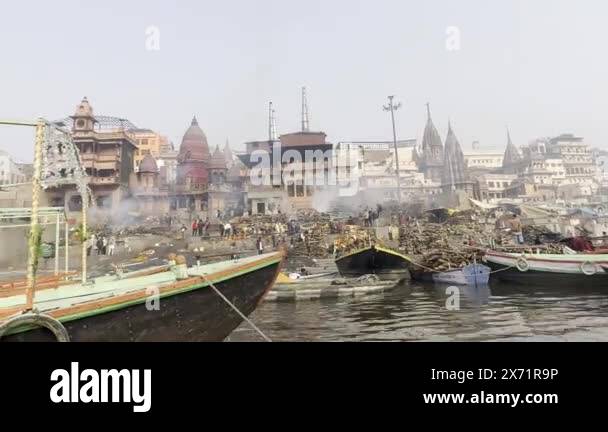 Varanasi, Uttar Pradesh, India - January 20 2024: View of manikarnika ...
