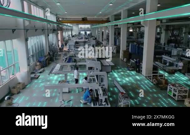 Workshop of a modern factory. Flight through the workshop of a modern ...