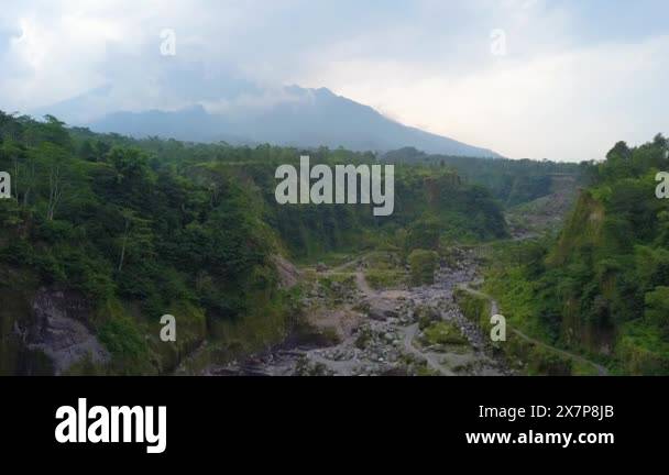 Aerial footage of the Mount Merapi area, Kemalang, Klaten, Indonesia ...