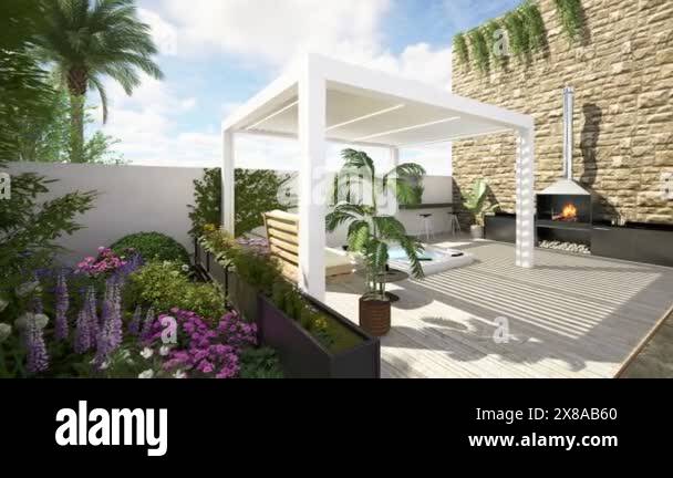 3D illustration of a modern urban patio with a white bioclimatic ...