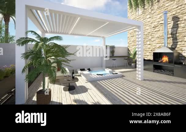 3D illustration of a modern urban patio with a white bioclimatic ...