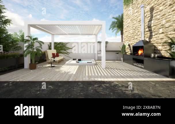 3D illustration of a modern urban patio with a white bioclimatic ...
