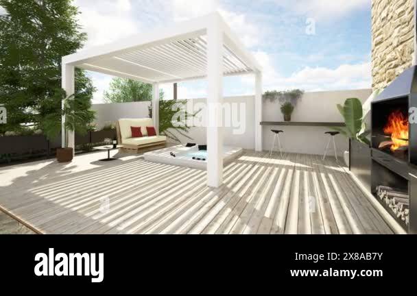 3D illustration of a modern urban patio with a white bioclimatic ...