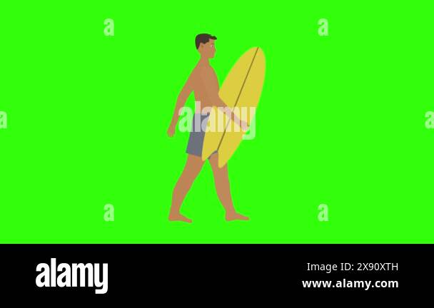 Man character walking with surfboard on the hand, chroma key animation ...