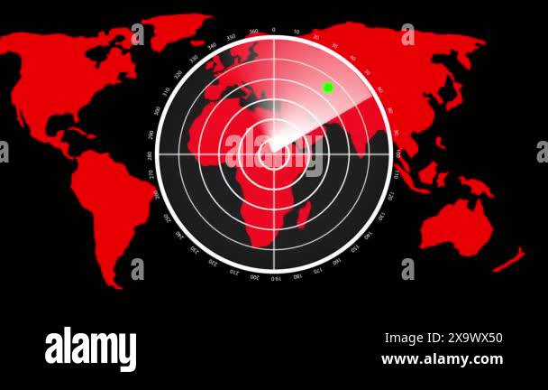 A radar screen with a world map background, showing a green dot ...