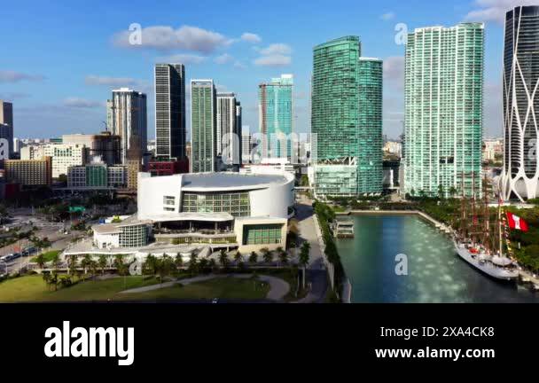 4k aerial downtown Miami, modern highrises line waterfront of Biscayne ...