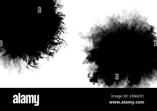 Transitions of black expanding paint stains on white backdrop Grunge