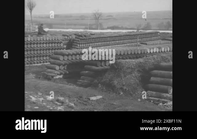 1918 - Shells are seen stockpiled at a US Army ammunition depot. Black ...