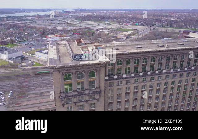 Sweeping aerial of the exterior of the abandoned central train station ...