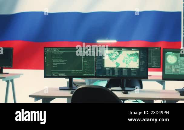 Governmental surveillance room showing a russian flag on big screen ...