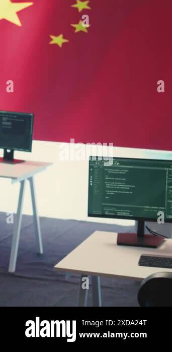 Vertical Video Empty governmental hacking room with chinese flag on a ...