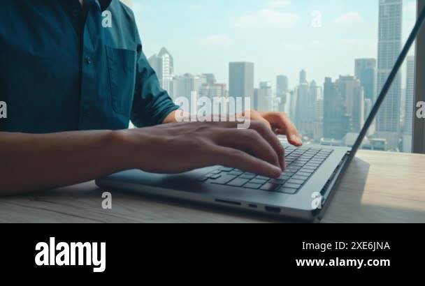 Man Fixed On Computer Screen Man working laptop typing keyboard remote work home office close up to ...