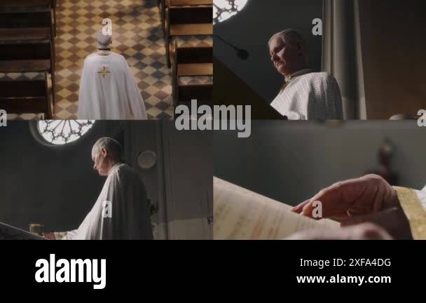 Split screen of elderly priest in white robe walking through church and ...