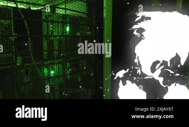 Rotating globe and data processing animation over green and black ...