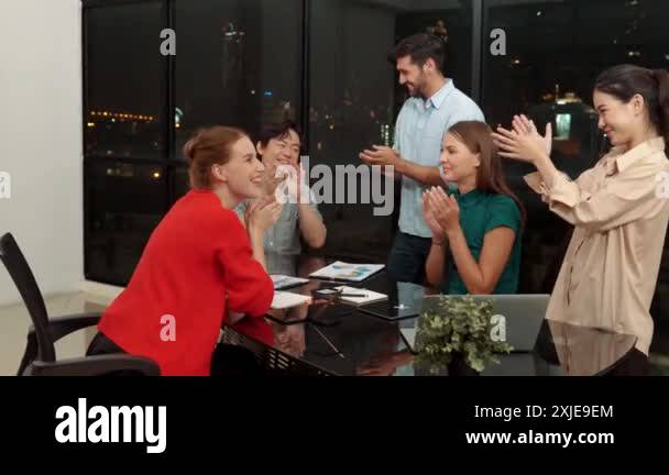 Getting Applause Happy business team clapping hand and celebrate successful project ...