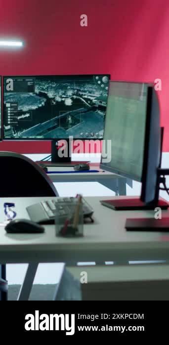 Vertical Video Empty chinese military base monitoring room working on ...