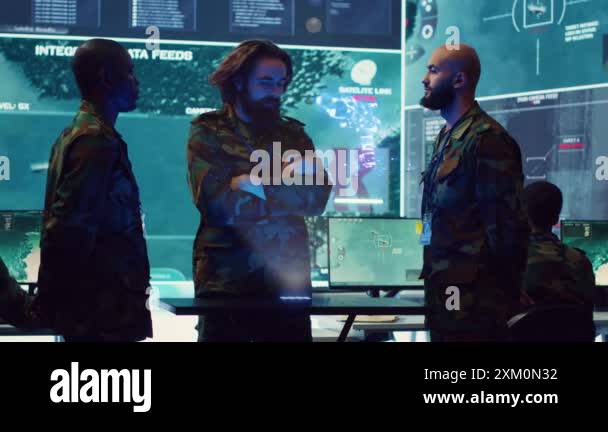 Air force dispatchers looking at AR hologram of surveillance ...
