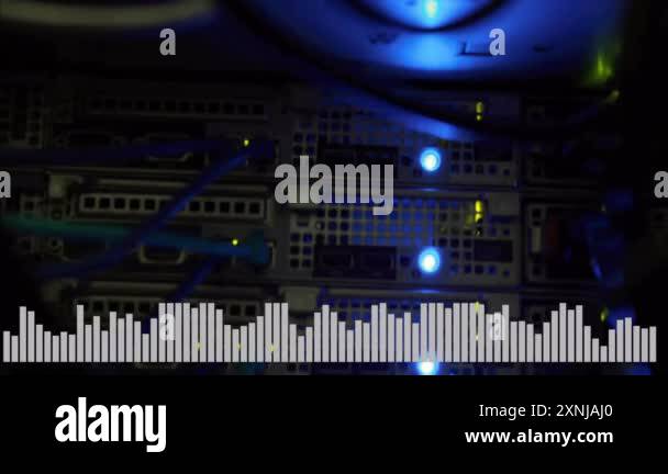 Server rack with blinking lights and sound wave animation at bottom ...