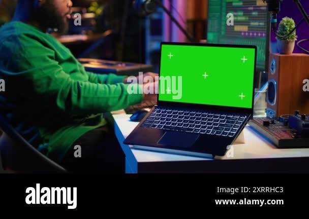 Pruducer Screen Professional artist operating on daw software in home studio, using a ...