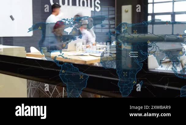 World map and data points animation over business meeting in modern ...