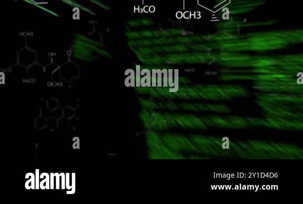 Green programming code and chemical formulas animation over dark ...