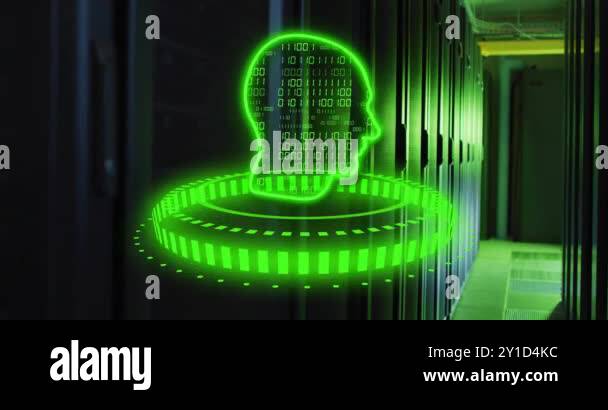 Binary code human head and digital interface animation over server room ...