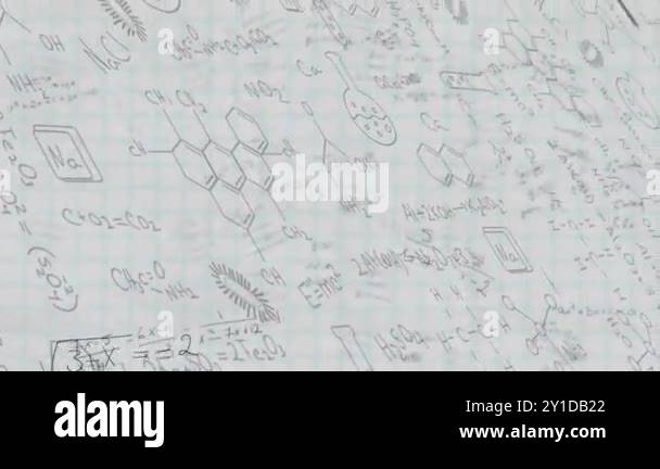 Mathematical equations and scientific diagrams animation over grid ...
