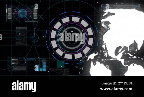 Digital world map and data processing animation over futuristic ...