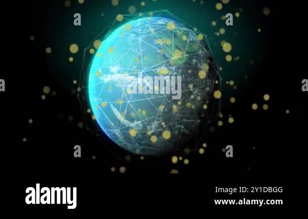 Rotating Earth with data processing animation and golden particles over ...