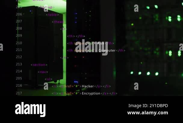 Computer code animation over server room with green lights. Technology ...