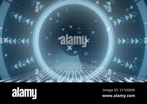 Binary code and geometric shapes animation over futuristic digital ...