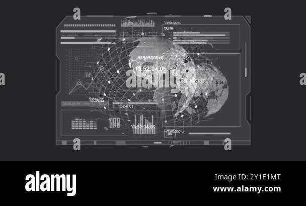 Global data visualization animation over rotating digital world map ...