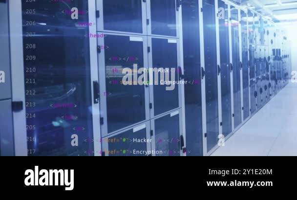 Computer code animation over server racks in data center. Technology ...