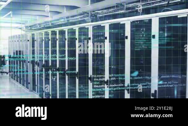 Computer code animation over server racks in data center. Technology ...