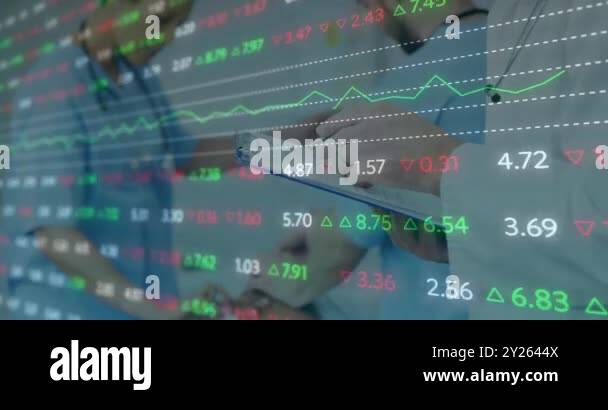 Stock market data animation over medical professionals discussing ...