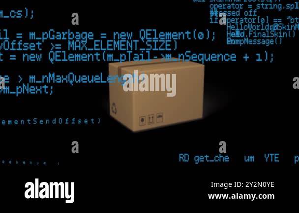 Cardboard box with animated code over black background. Technology ...