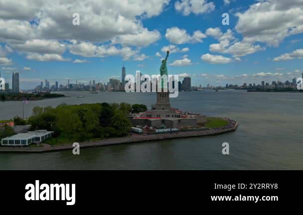 Panoramic aerial view Statue of Liberty in New York City, NY, USA. The ...