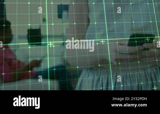 Using smartphone, person with grid and data points animation overlay ...