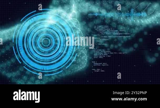 Futuristic digital interface with rotating circles and code animation ...