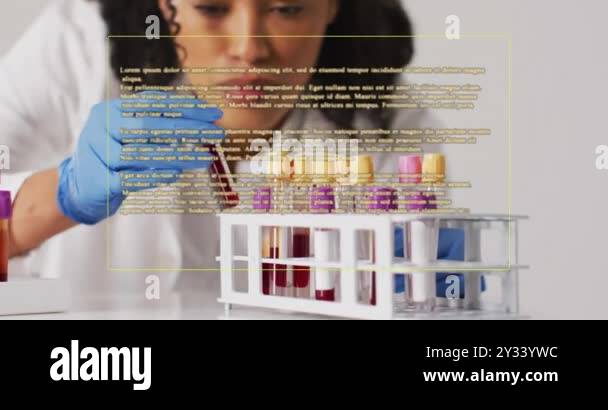 Analyzing blood samples, scientist with text animation over laboratory ...
