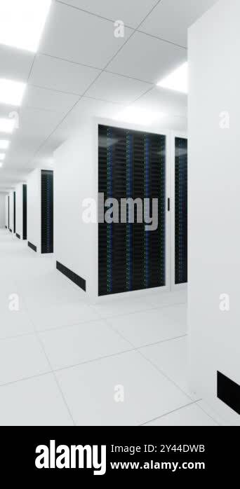 Spacious and white server room of a futuristic data center 3d vertical ...