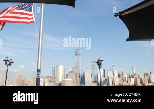 New York City waterfront skyline, Manhattan Downtown Financial district ...