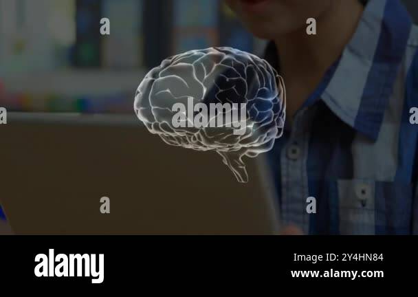 Studying in classroom, child with brain activity animation over head ...