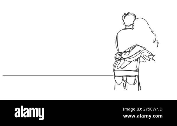 animated continuous single line drawing of couple hugging, rear view of ...