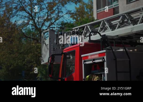 fire truck with a blue flashing light on emergency situation and rescue ...