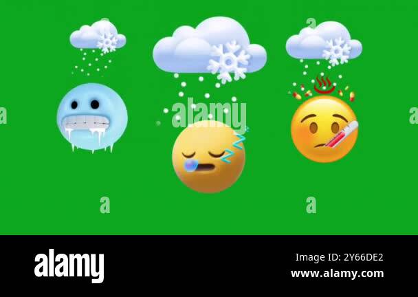 set of 3 d emoji emoticons, with falling down and rain. cartoon ...