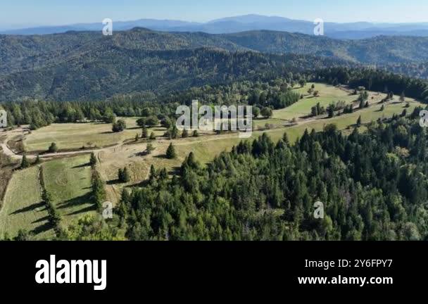 Beskid Maly aerial panorama of potrojna hill and czarny gron.Little ...