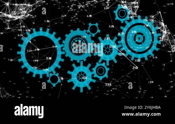 Rotating blue gears animation over network of connections and data ...